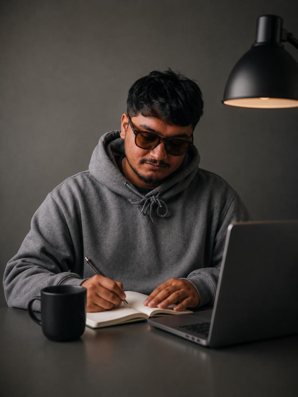 Aayush writing notes beside a laptop